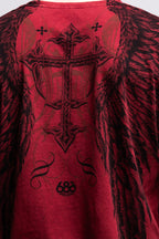 The 686 Affliction Death Eyes SS Tee by 686 is a bold red men’s t-shirt with a large black ornate cross, angel wings, swirling details, and the number 68 near the bottom. Made from 100% cotton for comfort and style.