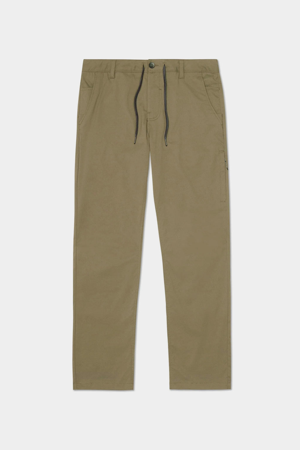 The 686 Men's Everywhere® Merino-Lined Pant - Relaxed Fit in khaki, featuring a black drawstring, zipper/button closure, and side pockets, pairs perfectly with insulated outerwear for a complete cold-weather look. Laid flat on a white background.