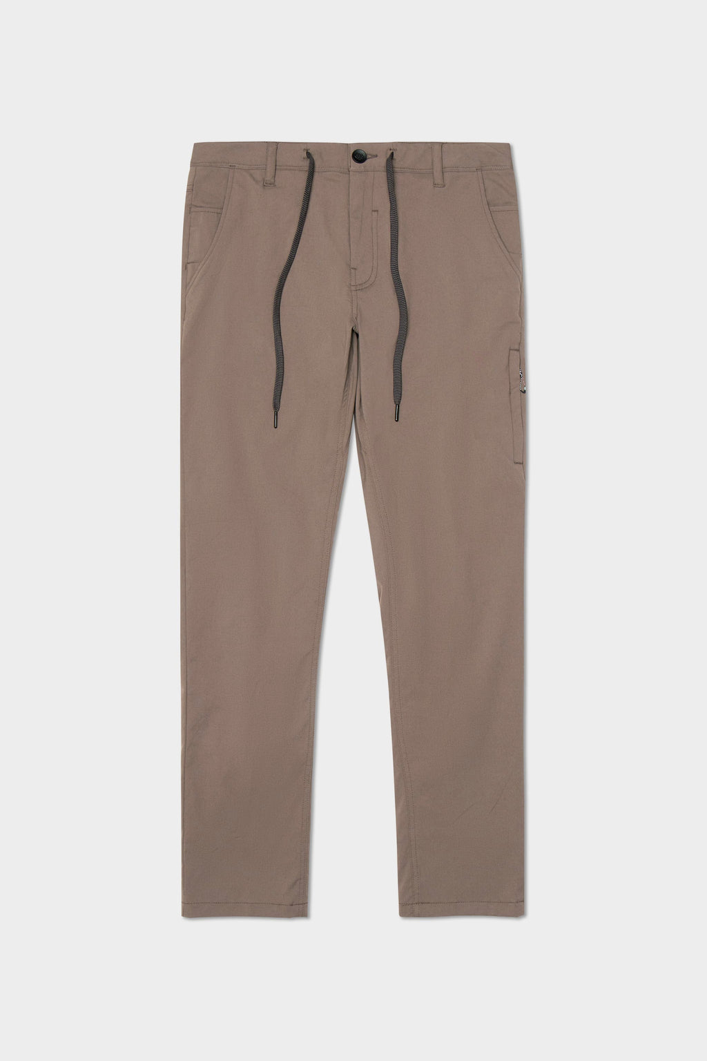 The 686 Men's Everywhere® Merino-Lined Pant - Relaxed Fit features a taupe color, straight-leg cut, black drawstrings, belt loops, front and side pockets, and a button closure. Shown laid flat on a white background. Ideal for pairing with winter outerwear.