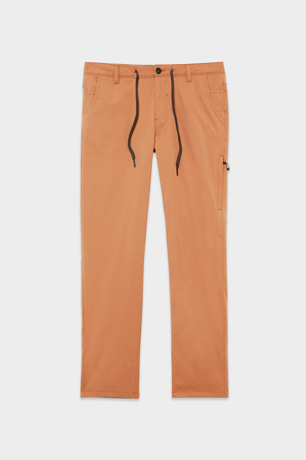 The 686 Men's Everywhere® Merino-Lined Pant - Slim Fit by 686 features straight legs, light orange color, belt loops, button and zip closure, front and back pockets, and a black drawstring—perfect for warmth in cold weather.