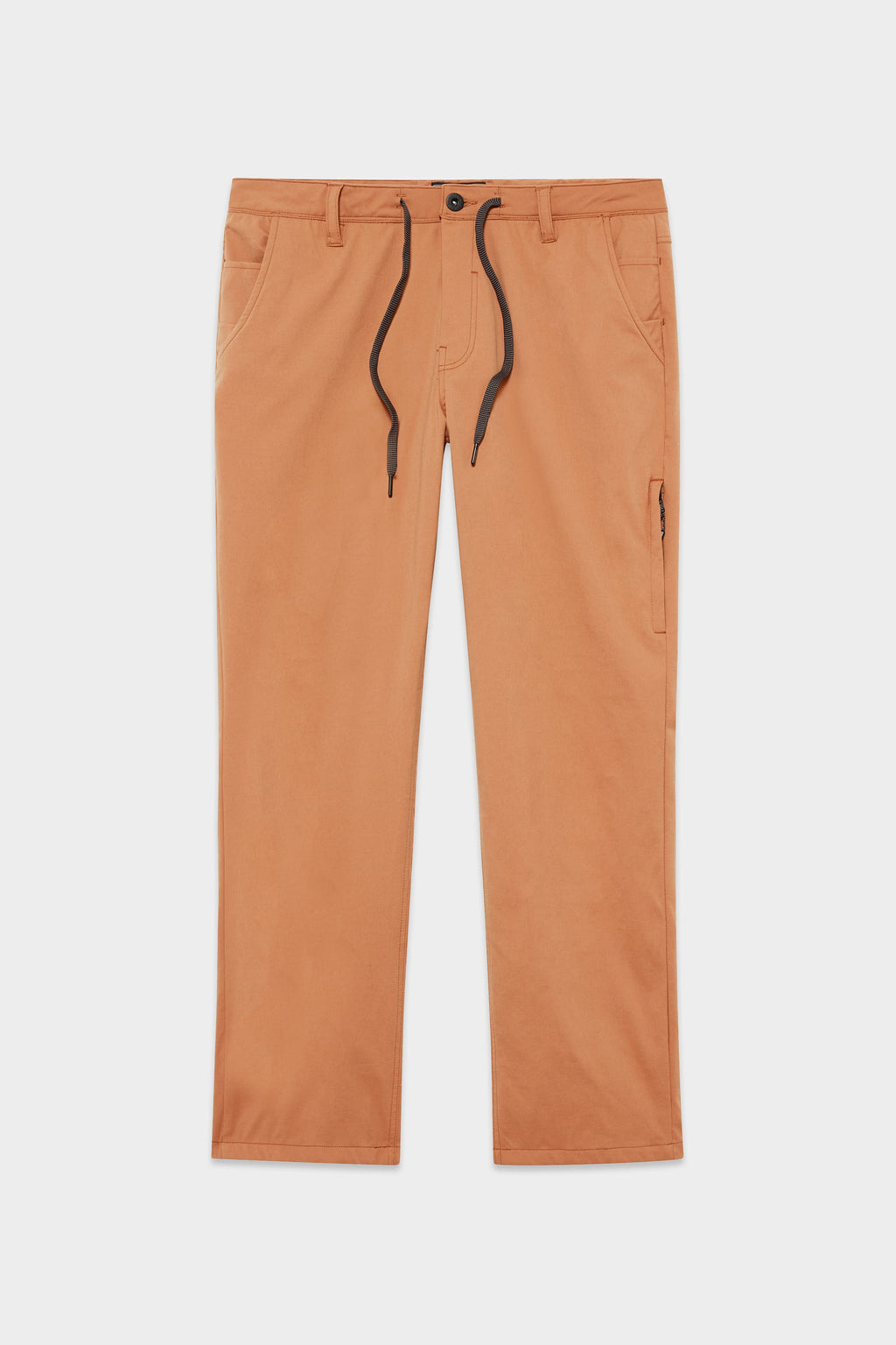 The 686 Men's Everywhere® Merino-Lined Pant - Relaxed Fit features a tan straight-leg style with a black drawstring, button and zip closure, belt loops, and side pockets—ideal for chilly days and styled here laid flat on a white background.