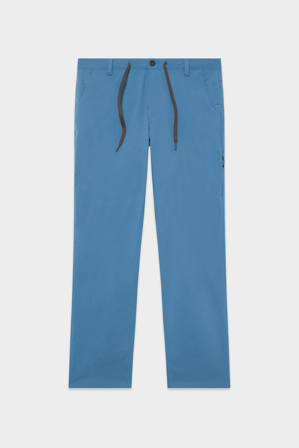 686 Men's Everywhere® Merino-Lined Pant by 686 in relaxed fit features blue straight legs, button and zipper closure, two side pockets, belt loops, and a black drawstring waist—ideal with insulated outerwear for winter. Shown on a plain white background.