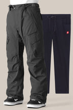 The 686 Men's SMARTY® 3-in-1 Cargo Pant in black, featuring zippered pockets, reinforced knees, and a removable sweatpant liner, is displayed in front of navy blue drawstring sweatpants with side pockets against a plain background.