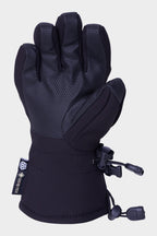 The 686 Youth GORE-TEX Linear™ Glove is a black winter glove with a textured palm, adjustable wrist strap, and cord lock. Waterproof and built for outdoors, it features a visible GORE-TEX tag. Brand: 686.