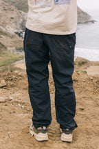 A person stands on a dirt path overlooking a rugged coast, wearing the 686 Men's Everywhere® Pant - Relaxed Fit and beige hiking shoes. Shot from behind at leg level, they also wear a light shirt with a blue graphic.
