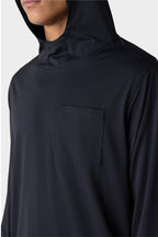 A person wearing the 686 Mens Lets Go Tech Hoody in black, featuring a chest pocket and lightweight hood, shown from the shoulders to just above the mouth against a plain background.