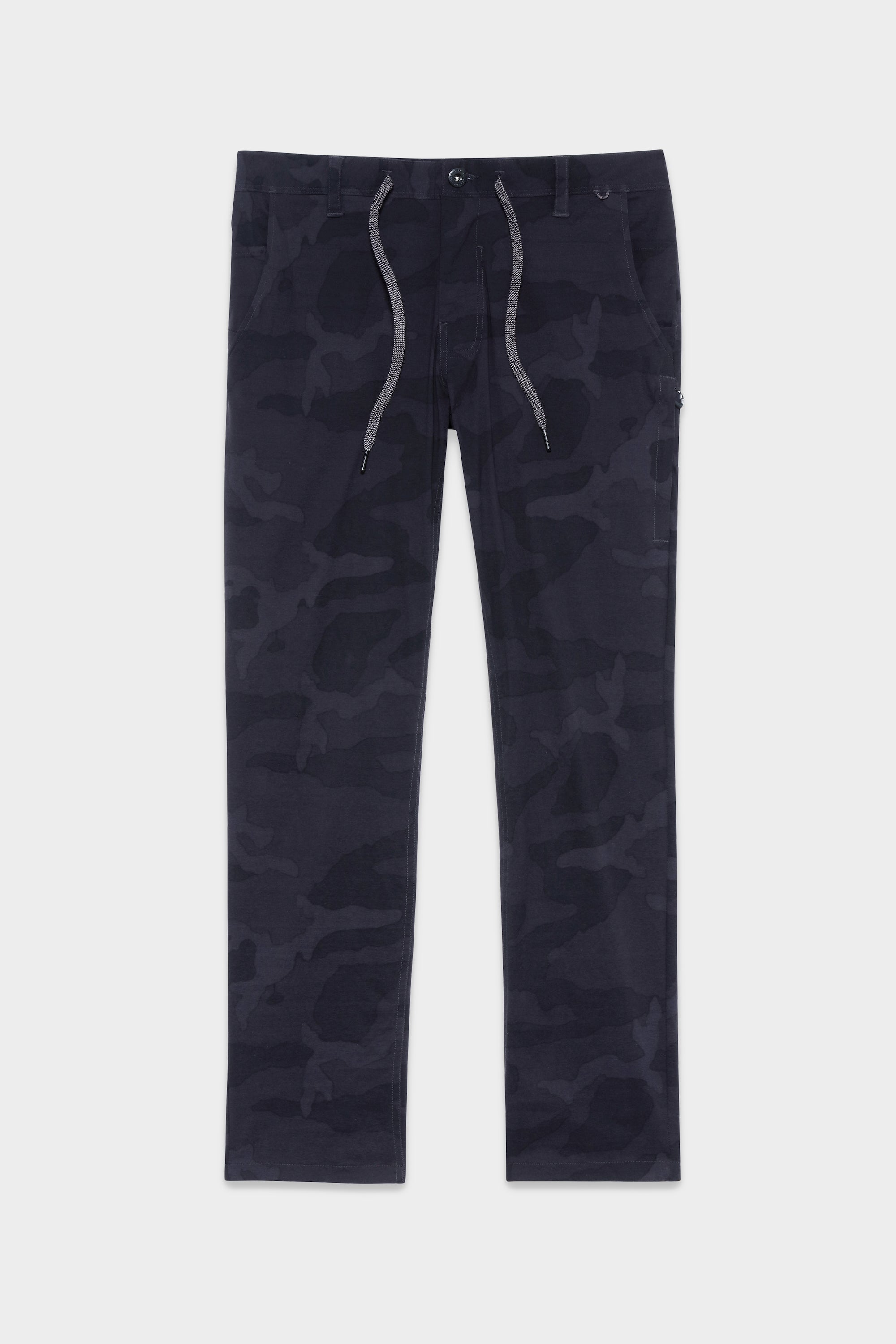 The 686 Mens Everywhere Featherlight Chino Pant - Slim Fit by 686 features a dark blue camo pattern, drawstring waist, front button, and side pockets—ideal lightweight pants for casual summer wear or warm weather adventures.