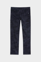 The 686 Mens Everywhere Featherlight Chino Pant – Slim Fit features a lightweight, dark blue and black camo design, ideal for warm weather adventures. Displayed flat on a white background.