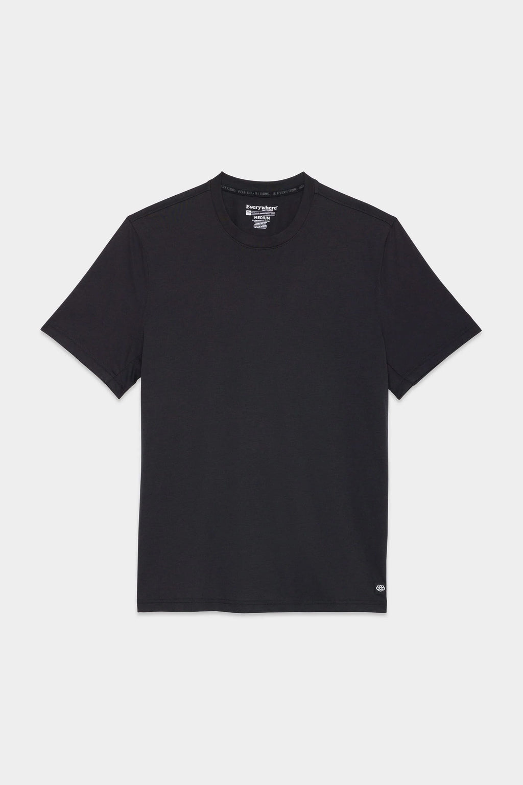 The 686 Mens Everywhere drirelease® Tech Tee by 686 is a plain black short-sleeve crew neck t-shirt, shown laid flat on a white background.