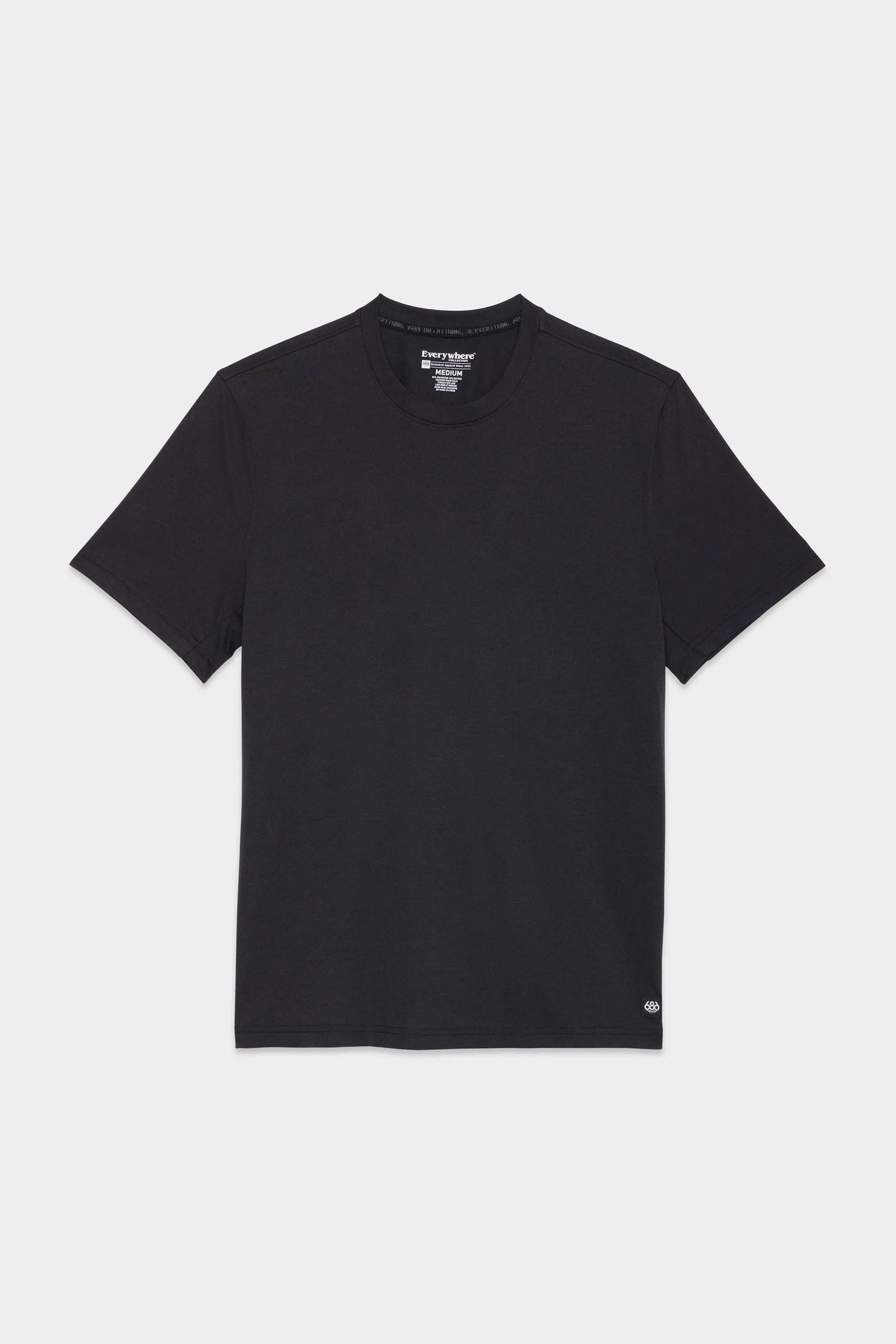 The 686 Mens Everywhere drirelease® Tech Tee by 686 is a plain black short-sleeve crew neck t-shirt, shown laid flat on a white background.