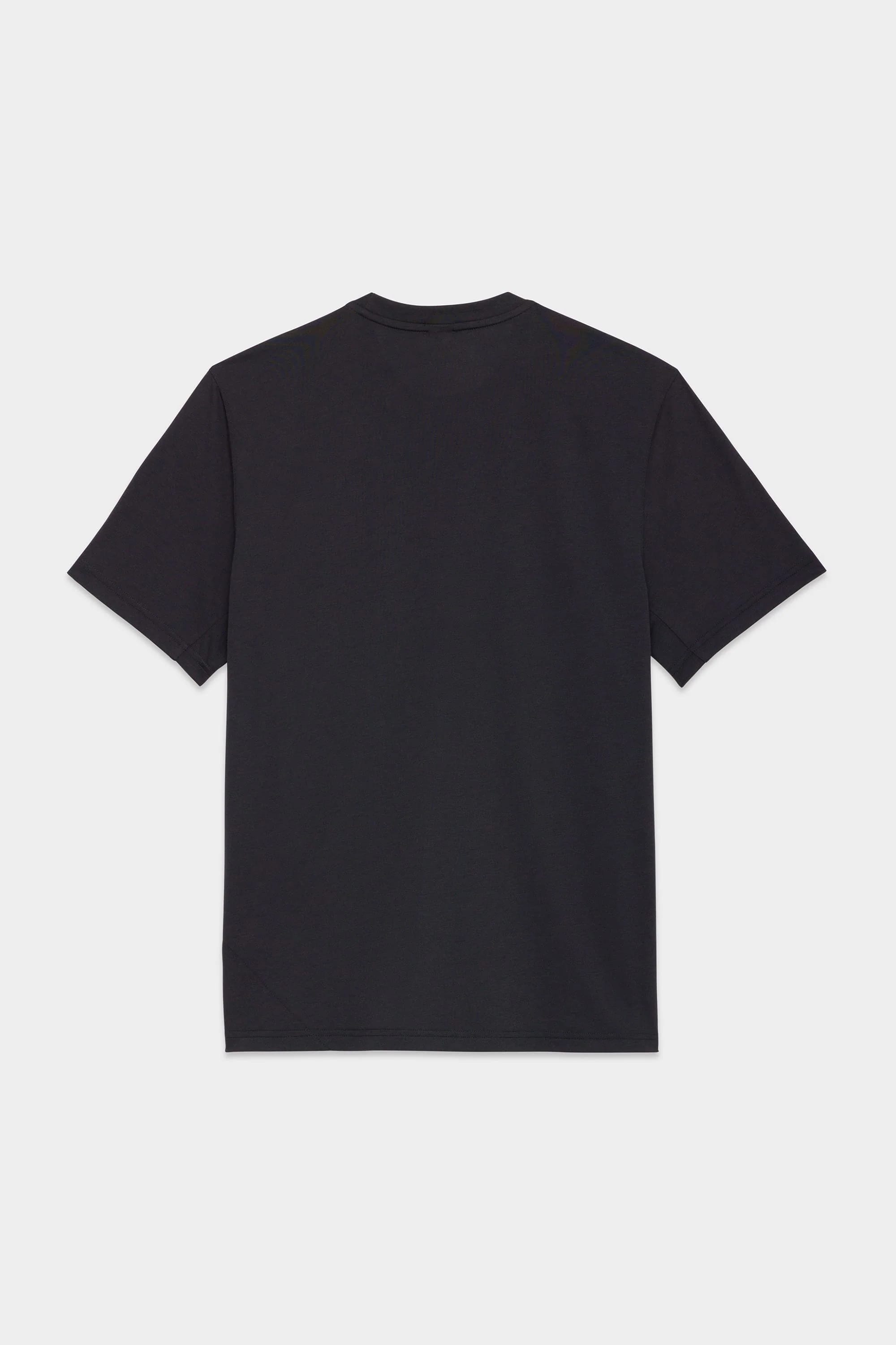 The 686 Mens Everywhere drirelease® Tech Tee by 686, in plain black, is displayed from the back with short sleeves, laid flat on a white background.