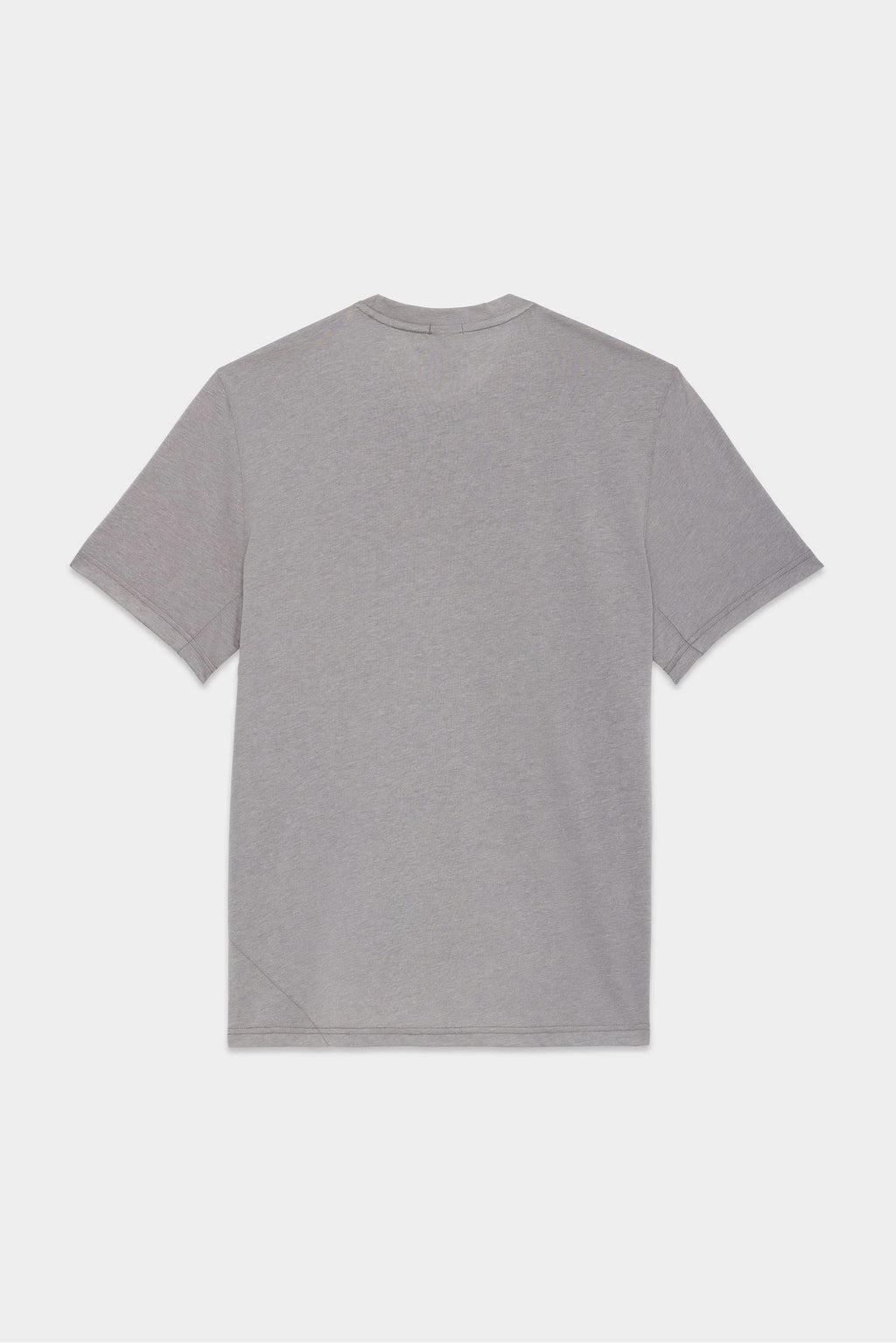 The 686 Mens Everywhere drirelease® Tech Tee by 686 is shown laid flat, back side up, against a white background. It features a plain light gray color and short sleeves.