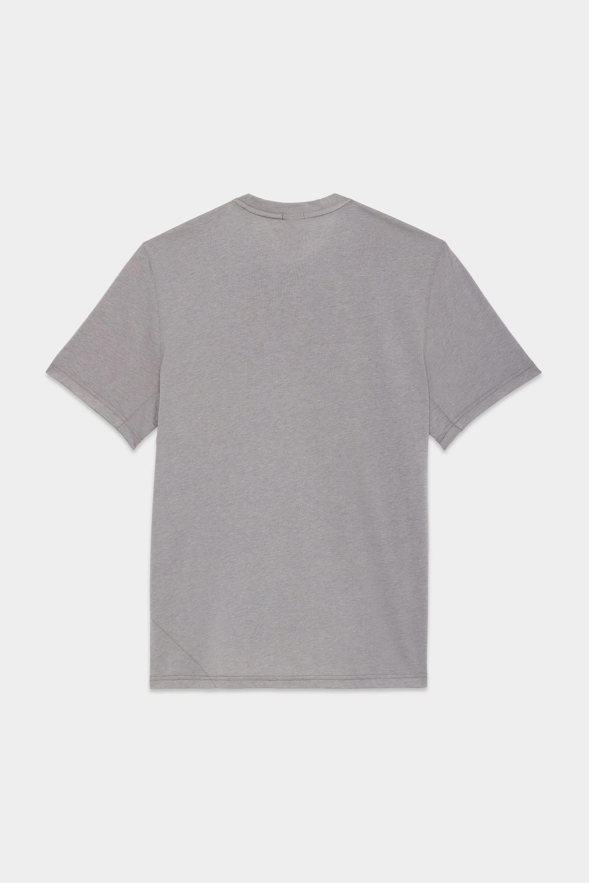 The 686 Mens Everywhere drirelease® Tech Tee by 686 is shown laid flat, back side up, against a white background. It features a plain light gray color and short sleeves.