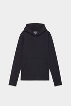 The 686 Mens Everywhere drirelease® Long Sleeve Hooded Tech Tee by 686 is shown laid flat on a white background, featuring long sleeves and a front kangaroo pocket in plain black.