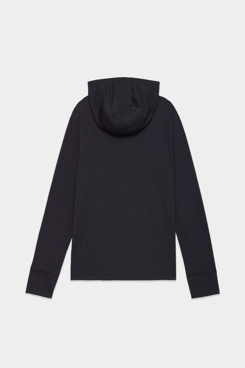 The 686 Mens Everywhere drirelease® Long Sleeve Hooded Tech Tee by 686 is shown laid flat from the back on a white background. This black hoodie features long sleeves with no visible designs or logos.