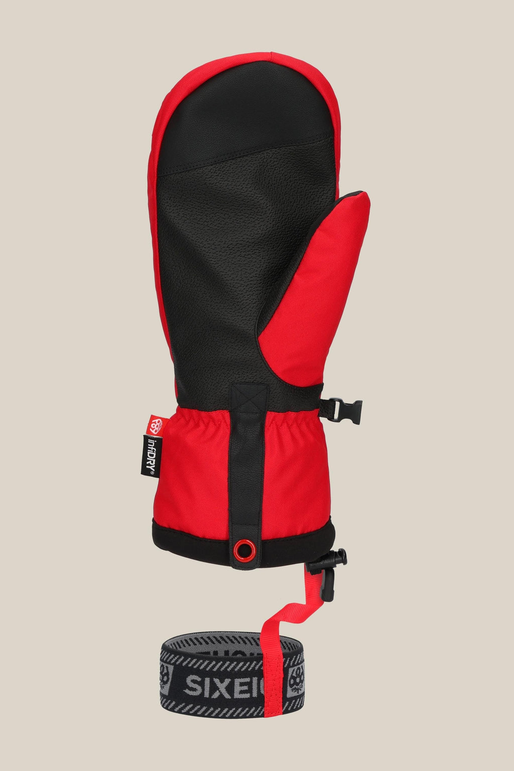 The 686 Mens Team Merino Mitt in red and black offers internal finger separation for warmth, a textured black palm, elastic wrist, adjustable strap, and comes with a matching black and gray SIXEIGHT SIX–labeled wrist leash.