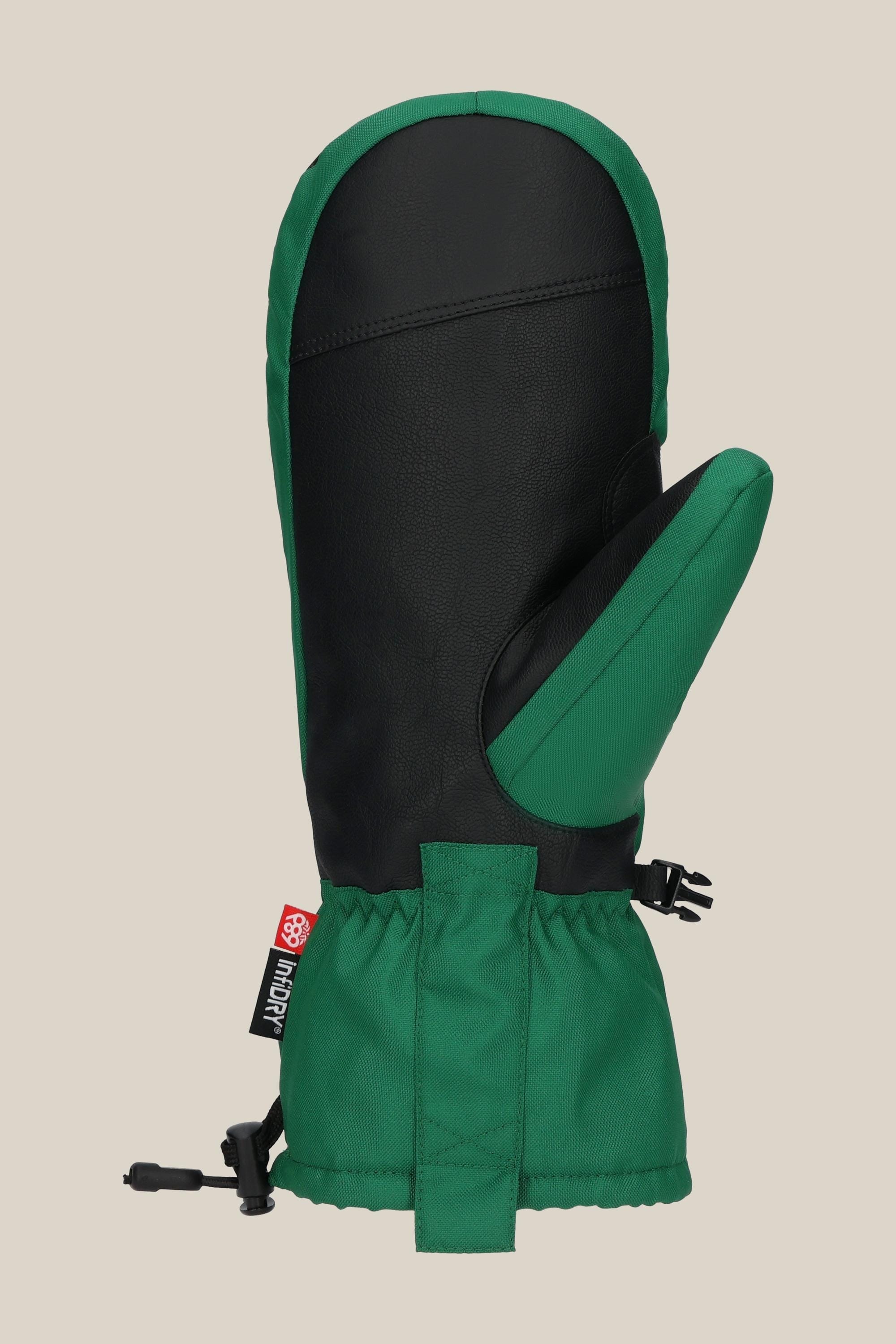 The 686 Lander™ Mitt by 686 is a green and black waterproof mitt with light insulation, a cinched wrist, adjustable strap, and a small red and white tag, shown against a plain beige background.