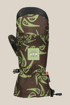 A brown and green 686 Lander™ Mitt with a melting clock pattern, black thumb grip, adjustable wrist strap, light insulation, waterproof design, and a small red tag on the cuff.