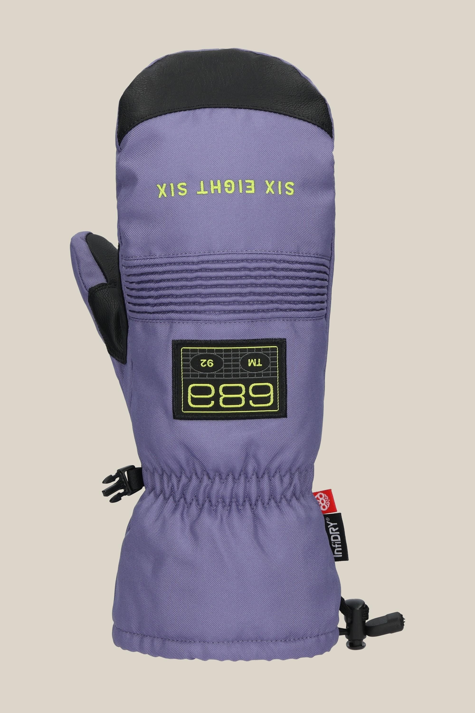 The 686 Lander™ Mitt by 686 is a purple waterproof mitten with black accents, neon yellow SIX EIGHT SIX text upside down, light insulation, a 686 TM 92 patch, adjustable wrist strap, and red branded side tag.