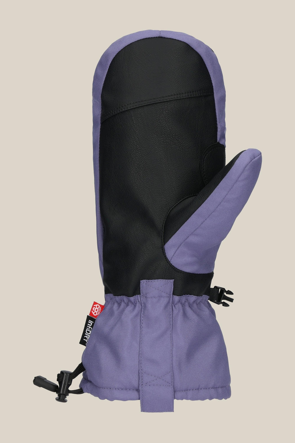 A single 686 Lander™ Mitt by 686, in purple and black, waterproof with light insulation, cinched wrist, adjustable strap, and branded tag, shown against a plain beige background.