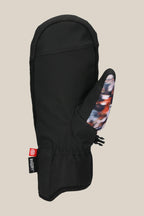 The 686 Mens Primer Mitt by 686 is a black snowboard mitt featuring a colorful abstract pattern on the thumb and a small red tag with white text, shown upright against a plain beige background.