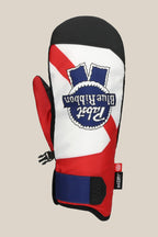 The 686 Mens Primer Mitt is a durable winter glove styled as a mitten, featuring red, white, blue, and black colors with the Pabst Blue Ribbon logo—ideal for snowboarding on cold days.