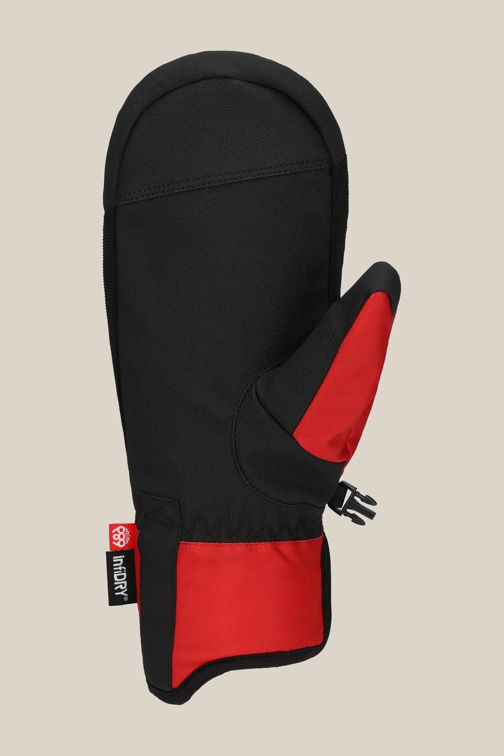 The 686 Mens Primer Mitt by 686 features a black design with reinforced palms and red accents on the thumb and cuff. Displayed upright against a beige background, it has a small red-and-white tag attached to the wrist area.