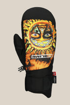 The 686 Mens Primer Mitt by 686 is a black snowboard mitt featuring vibrant sun face artwork inspired by Sublime’s album cover, with SUBLIME printed beneath. This durable winter glove is shown on a plain beige background.