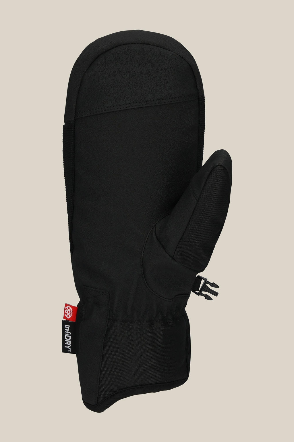 The 686 Mens Primer Mitt by 686 is a black mitt with a reinforced palm, curved thumb, small red and white wrist tag, and side plastic clip, shown against a plain beige background.