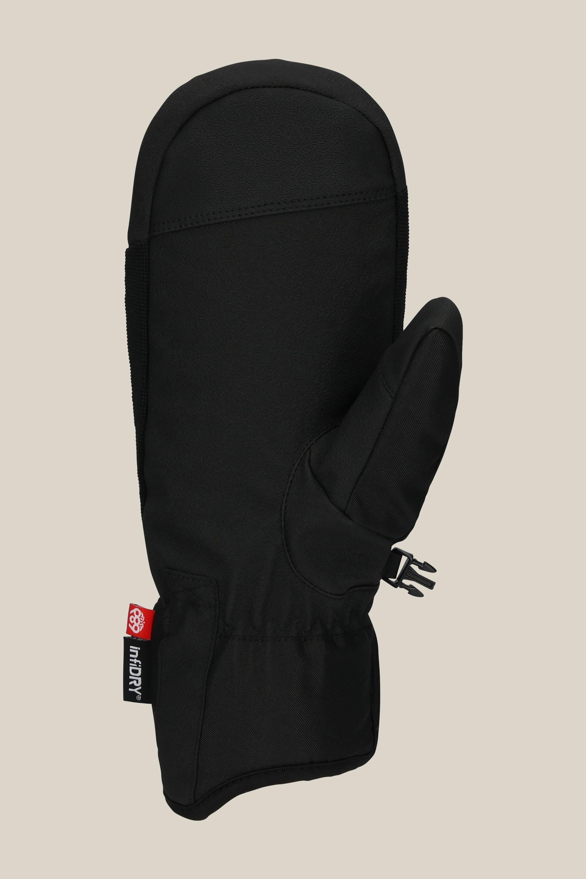 The 686 Mens Primer Mitt by 686 is a black mitt with a reinforced palm, curved thumb, small red and white wrist tag, and side plastic clip, shown against a plain beige background.
