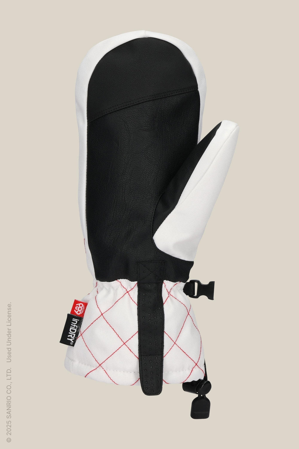 The 686 Women's Jubilee™ Mitt is a single waterproof mitten by 686, featuring a black leather palm, white fabric back, red diamond-stitched cuff, light insulation, adjustable wrist strap, clip, and small logo tag.
