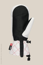 The 686 Women's Jubilee™ Mitt is a single waterproof mitten by 686, featuring a black leather palm, white fabric back, red diamond-stitched cuff, light insulation, adjustable wrist strap, clip, and small logo tag.