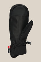 The 686 Womens Revel Mitt by 686 features black insulation, a textured surface, adjustable wrist strap, and a red and white branded tag, displayed on a plain beige background.