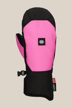 The 686 Womens Revel Mitt by 686 is a single pink and black insulated mitt featuring a small black and white logo on the back, a black cuff, and a red imDRY tag on the side, shown against a beige background.