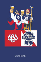 Two cartoon men celebrate with beers; one wears a 686 Mens Waterproof Hoody in white, the other sits in a Cool Blue tech hoody holding skis. Pabst Blue Ribbon and 686 logos below. Text reads “LIMITED EDITION.”.