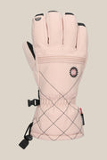The 686 Women's Jubilee™ Glove by 686 is a single light pink PU glove with black details, quilted diamond pattern, adjustable wrist cord, and small flower and heart-shaped logos on the back, shown against a plain beige background.
