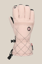 The 686 Women's Jubilee™ Glove by 686 is a single light pink PU glove with black details, quilted diamond pattern, adjustable wrist cord, and small flower and heart-shaped logos on the back, shown against a plain beige background.
