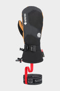 The 686 Men's GORE-TEX Leather Linear™ Mitt is a black and brown men's mitt with a GORE-TEX logo, adjustable wrist strap, reinforced leather palm, polyester-spandex blend, black/red SIX EIGHT SIX elastic leash, and gear loop.