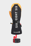 The 686 Men's GORE-TEX Leather Deep Days™ Mitt, in black and tan leather, features GORE-TEX waterproofing, a wrist cinch strap, detachable wrist leash with red pull tab, and SIX EIGHT SIX branding on a plain light background.