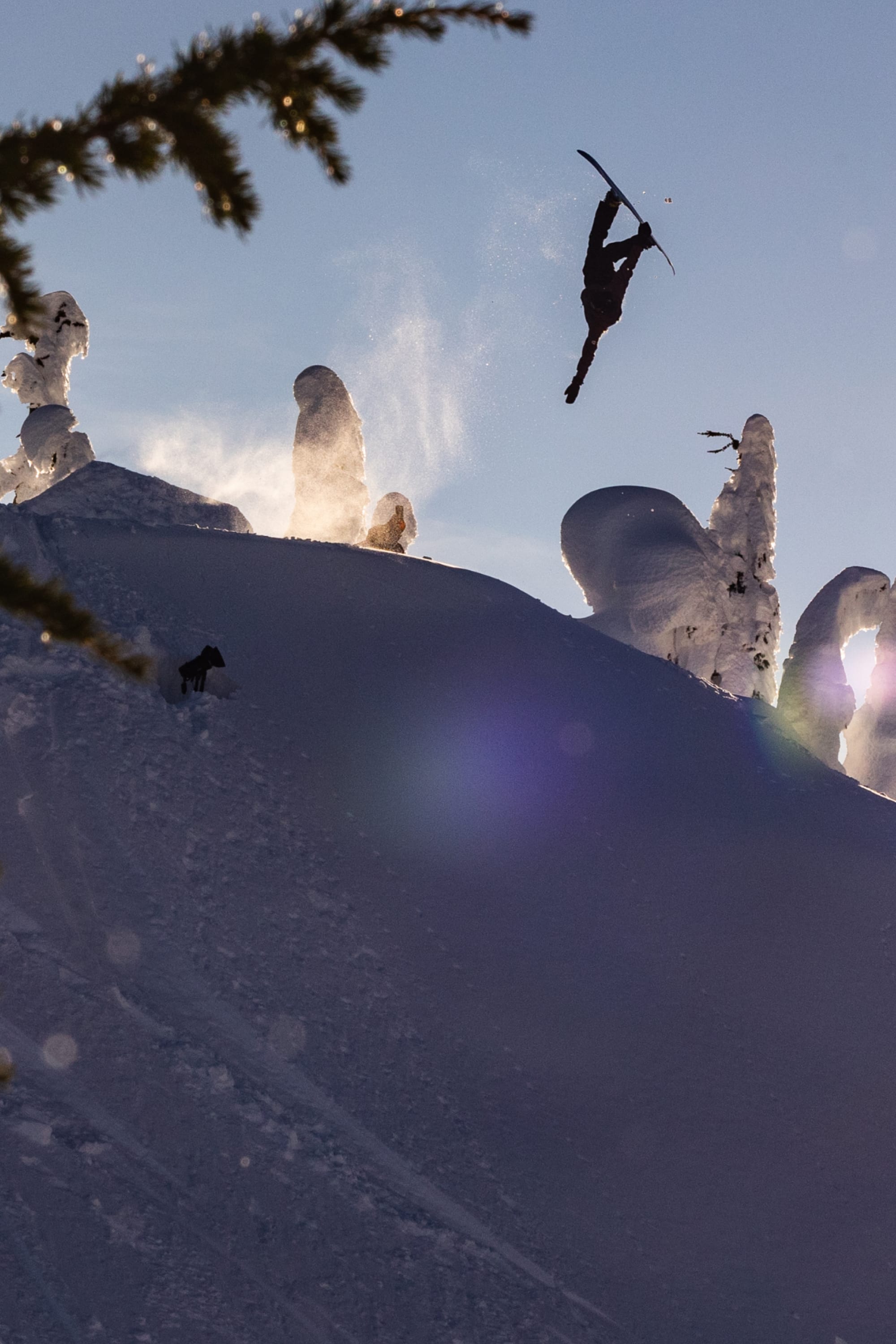 A skier in the 686 Mens Gateway Shell Jacket performs an aerial flip off a snowy slope, surrounded by snow-covered trees and sunlight streaming through a clear sky.