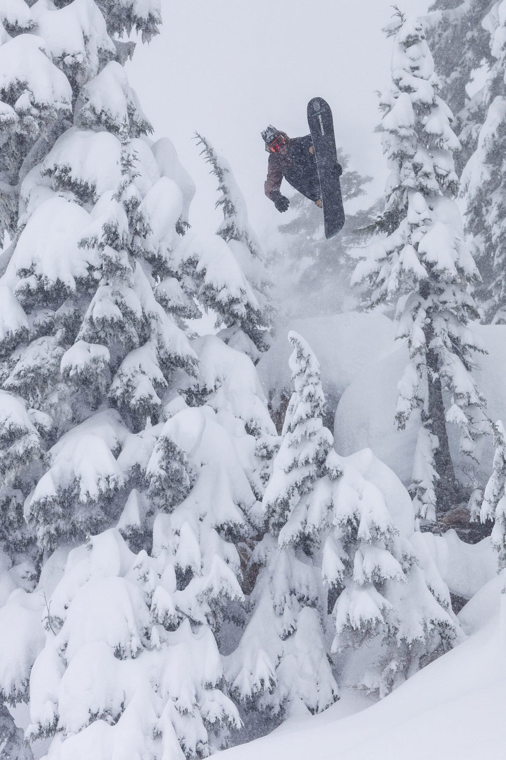 A snowboarder in the 686 Men's GORE-TEX 3L ATV Thermagraph® Jacket launches into a mid-air trick amid tall, snow-covered pines. Thick snow blankets the trees and ground, capturing a dramatic winter scene.