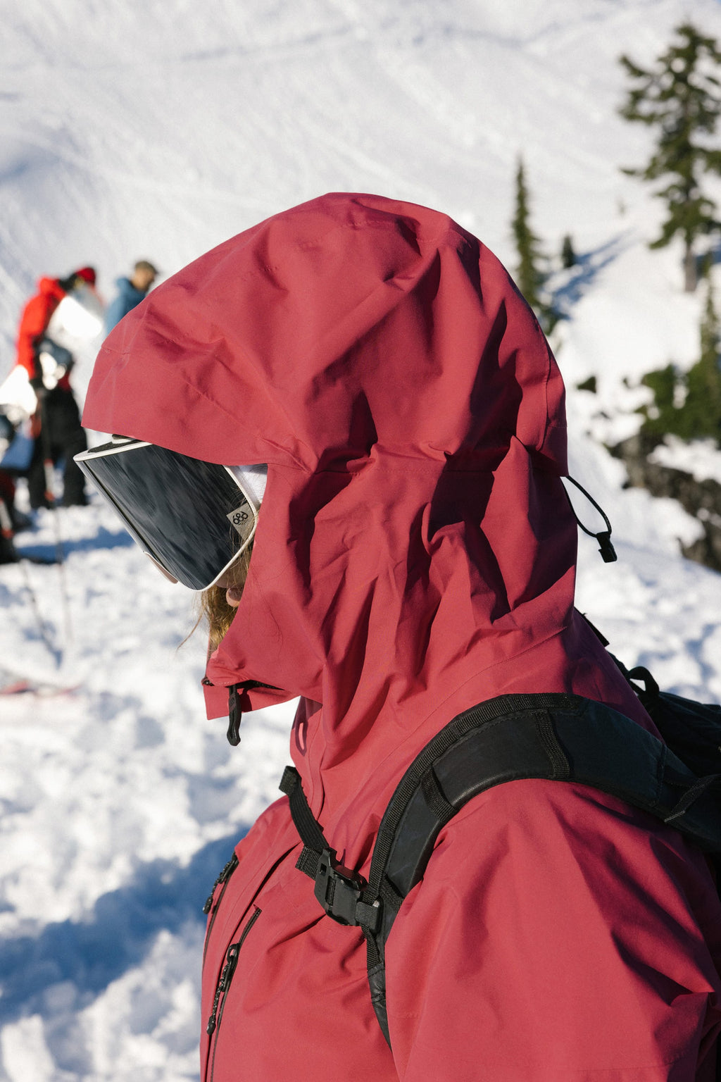 Wearing the 686 Women's GORE-TEX Skyline Thermagraph® Jacket, a woman with a black backpack and ski goggles stands in a snowy landscape among others, with pine trees in the background.