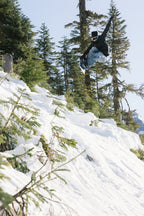 A snowboarder in the 686 Women's GORE-TEX Willow™ Insulated Jacket and goggles jumps off a snowy slope, surrounded by evergreens under a clear sky.