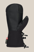 The 686 Men's GORE-TEX Linear™ Mitt features a black leather-like PU exterior, adjustable wrist straps, and a side fabric tag with the red and yellow 686 logo, shown against a plain beige background.