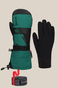 The 686 Men's GORE-TEX SMARTY® 3-In-1 Gauntlet Mitt by 686 is a green and black insulated PU mitt with Gore-Tex technology, including a black glove liner and black/red wrist leash, shown on a plain beige background.
