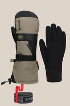 The 686 Men's GORE-TEX SMARTY® 3-In-1 Gauntlet Mitt in khaki and black, featuring a clip, strap, black liner glove, and rolled gray-red wrist leash, is shown on a neutral background. Brand: 686.