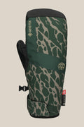 The 686 Men's GORE-TEX Linear™ Under Cuff Mitt is a durable green poly mitt with black and light green camo, black adjustable strap, GORE-TEX logo, and a red and white patch—ideal for outdoor adventures.