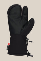The 686 Men's GORE-TEX Linear Trigger Mitt by 686 is a black, insulated three-finger men's mitt with poly and PU materials, a textured palm, adjustable wrist cinch, and GORE-TEX tag, shown on a plain beige background.