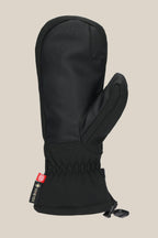 The 686 Women's GORE-TEX Linear™ Mitt in black, made from leather, poly, and PU fabric, has a cinched wrist, cuff drawstring, and GORE-TEX tag on the side. It's shown solo against a plain beige background.