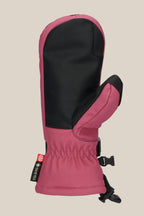 The 686 Women's GORE-TEX Linear™ Mitt, in pink and black with a black PU palm and thumb, features a gathered wrist, adjustable strap, poly lining, Gore-Tex tag, and brand tag, shown on a beige background.